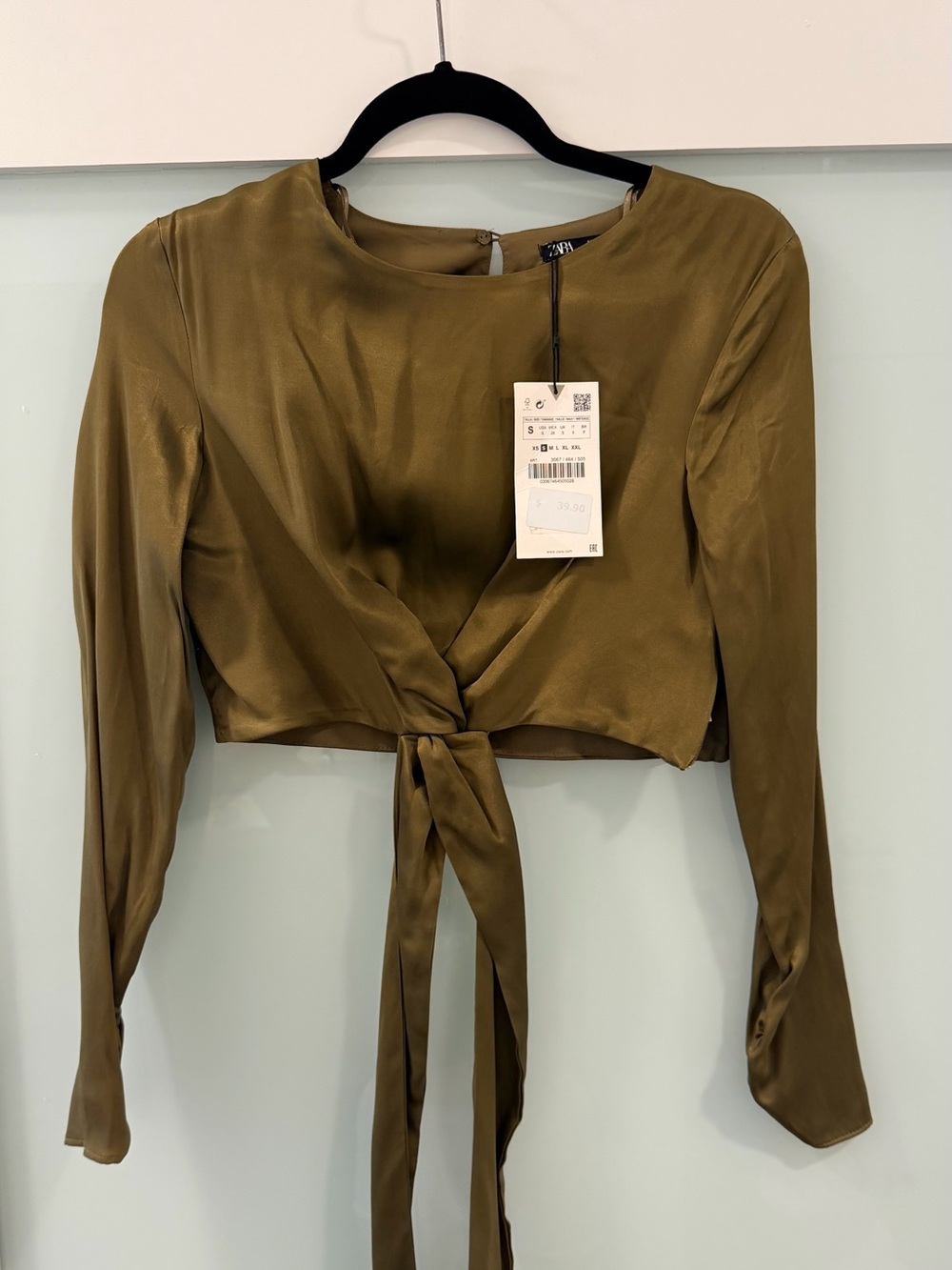 Zara Olive Green Satin Tie-Front Cropped Blouse